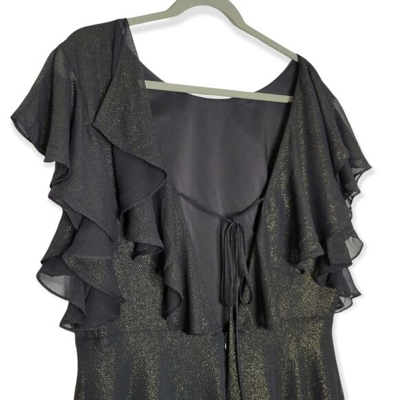 H Halston Metallic Shimmer Ruffle Flutter Sleeve Dress Black Gold Size 10 - Picture 5 of 8